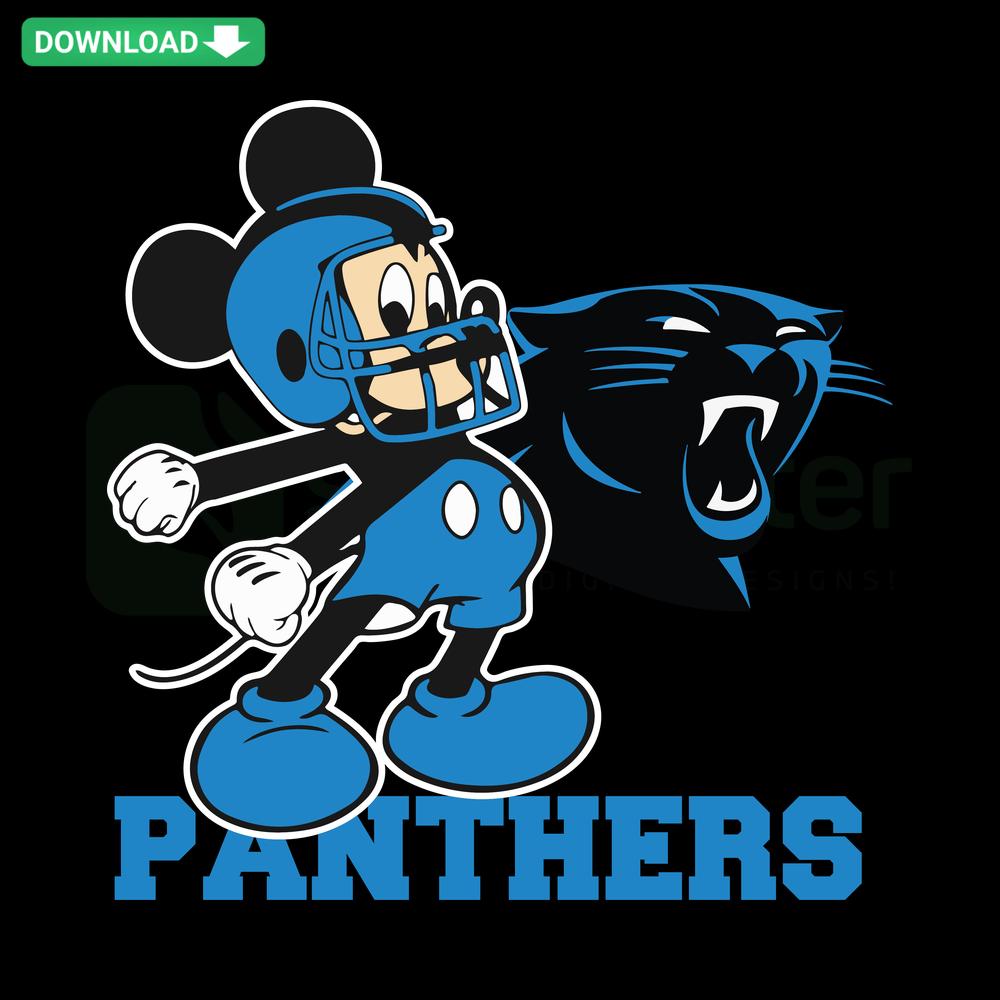 Mickey Mouse Panthers SVG Design, Digital Download: Mickey adorned in Carolina Panthers gear, perfect for sports-themed crafts.