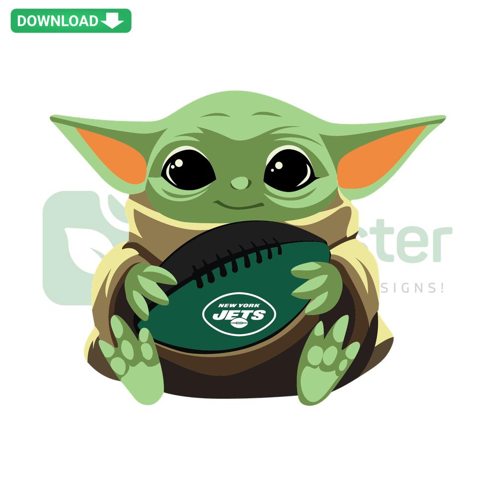 Baby Yoda wearing New York Jets helmet SVG, cute football-themed digital design, perfect for crafts and printables.