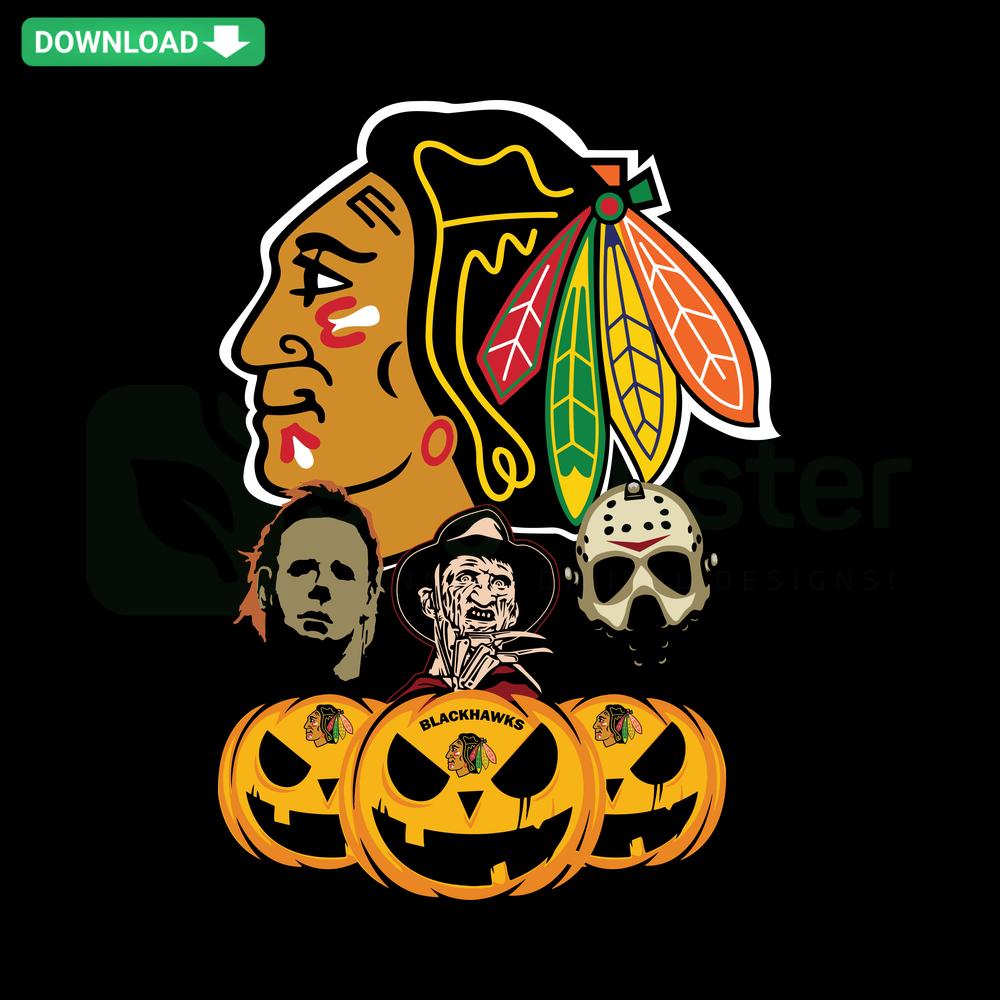 Chicago Blackhawks Halloween Pumpkin SVG: Hockey and Horror Movie inspired design, instant download graphic for festive decor.