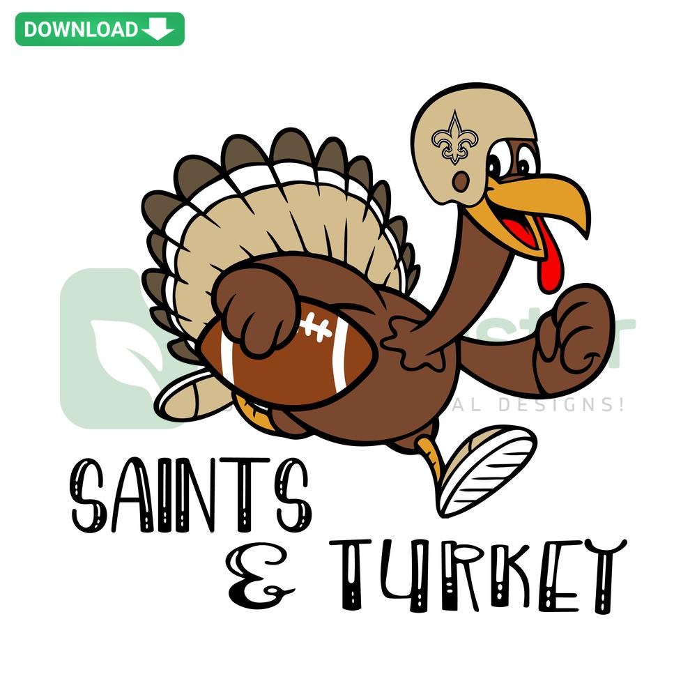 Editable Saints Football Turkey SVG for Cricut featuring a whimsical turkey in team colors, perfect for Thanksgiving crafts.