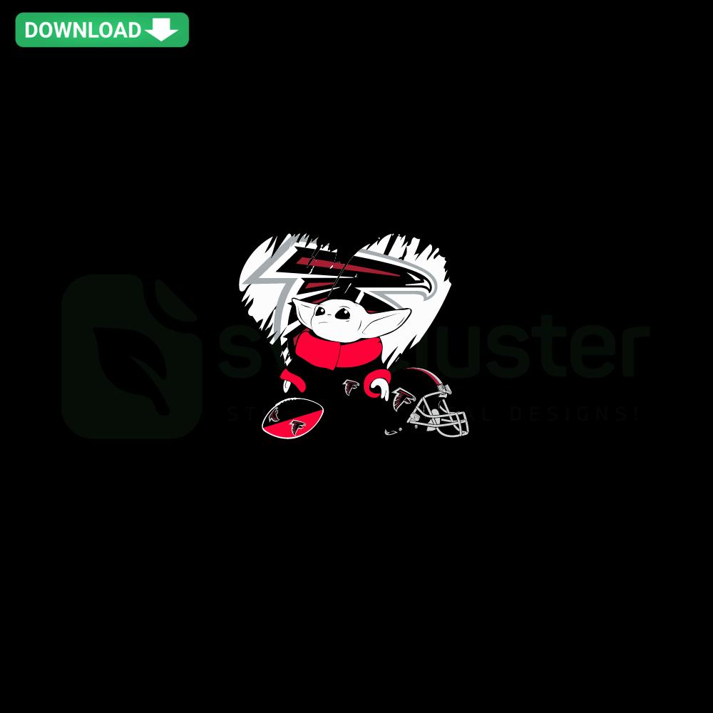 Baby Yoda wearing an Atlanta Falcons jersey, heart symbol, wall art SVG file design, digital download, perfect for fans.