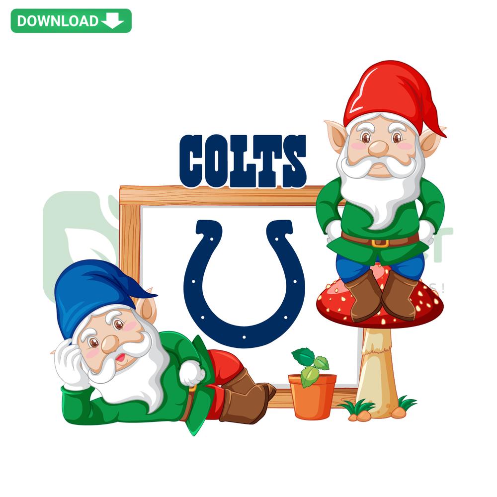 Indianapolis Colts-themed SVG featuring a festive gnome adorned in team colors and logo, perfect for crafting projects.