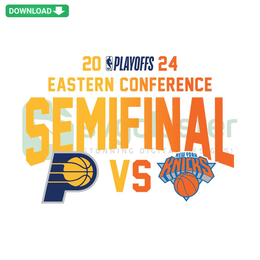 Indiana Pacers vs Knicks Basketball SVG - T-shirt design file featuring team logos and court elements for semifinals.