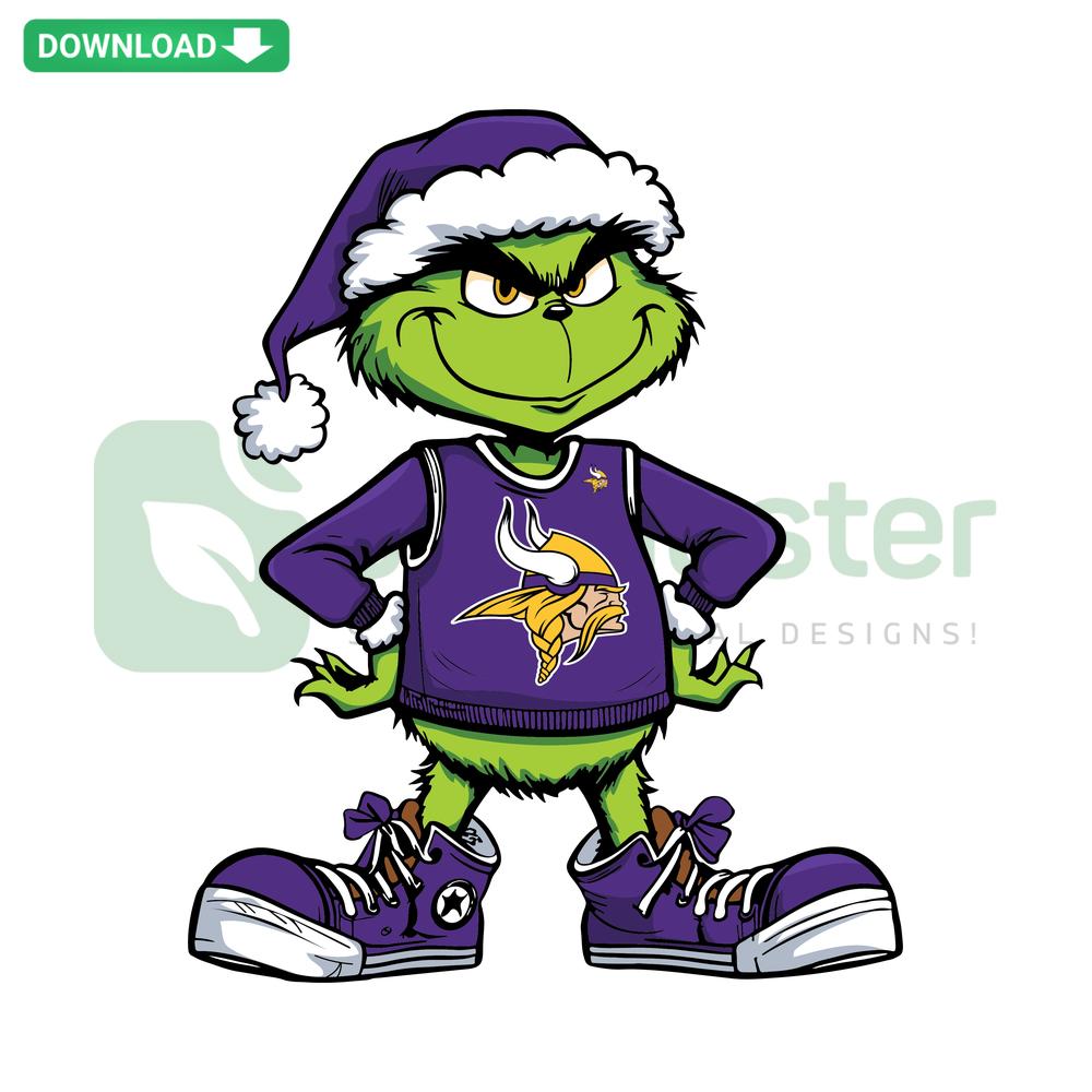 Grinch in Minnesota Vikings gear SVG, football-themed design, premium graphics, perfect for DIY crafts and sports fans.