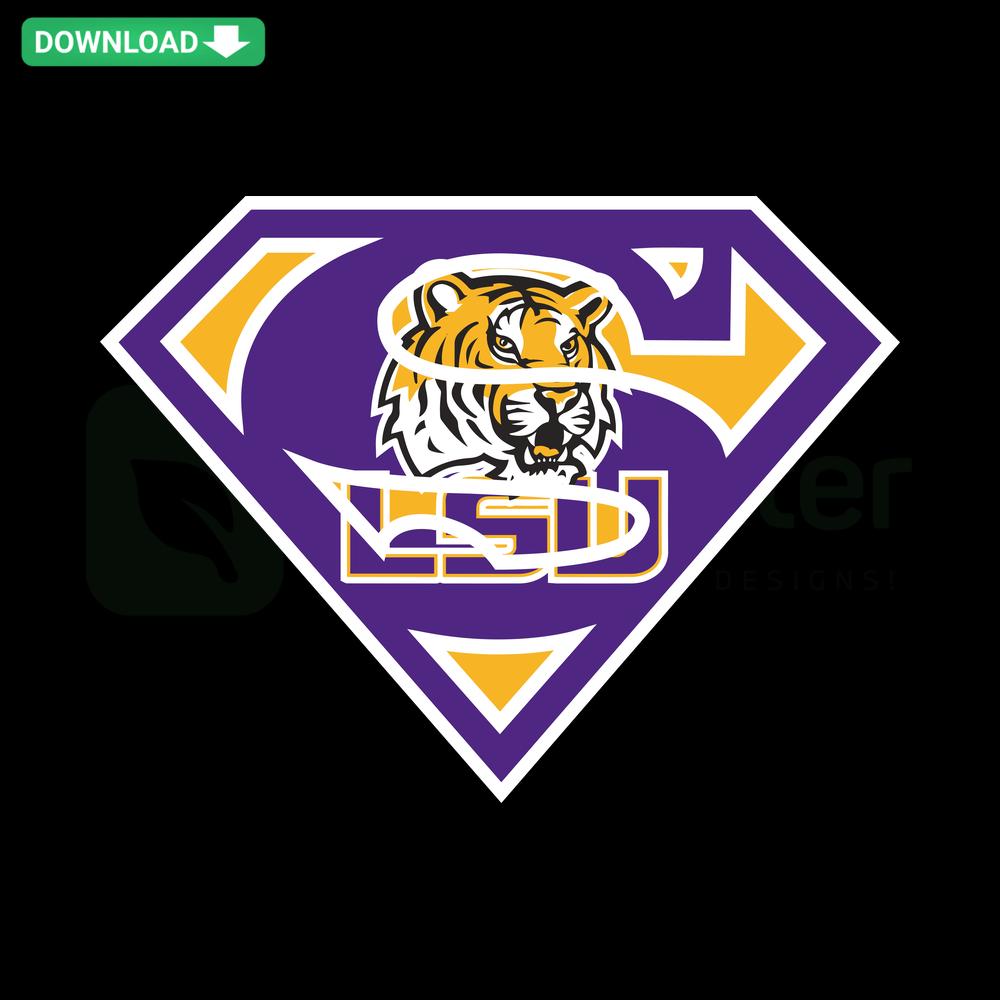 Superman LSU Tigers Football SVG, superhero logo with LSU colors and mascot, perfect for DIY crafts and cut files.