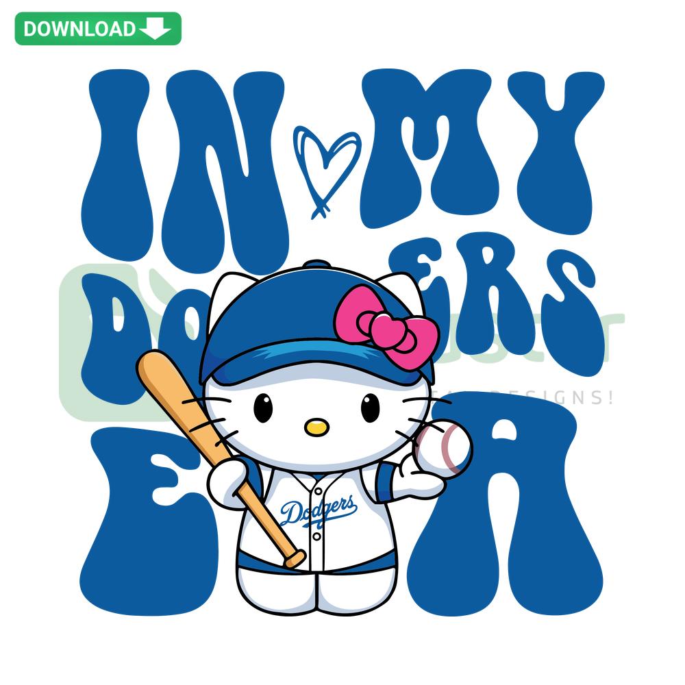 Hello Kitty in Dodgers cap holds baseball, stylish SVG download, vector graphic for sports fans, cute MLB-themed digital art.
