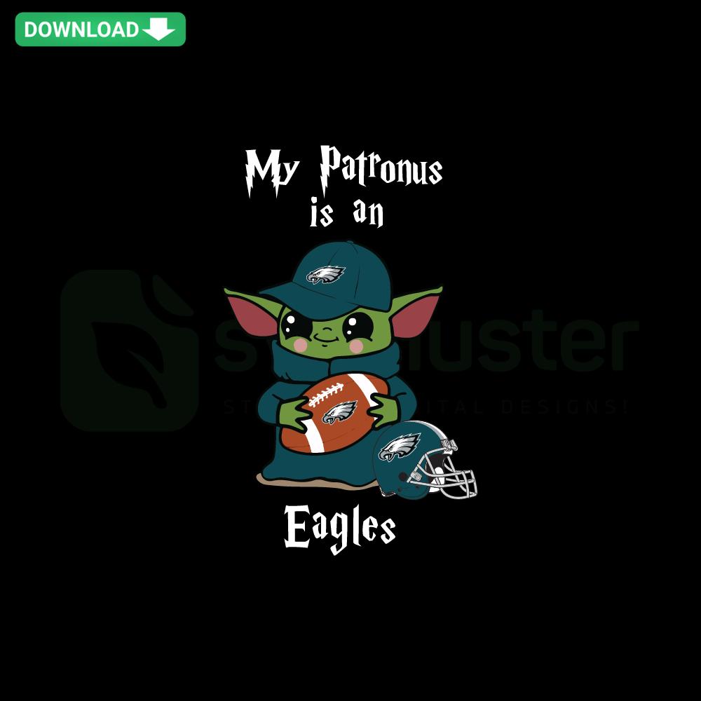 Baby Yoda holding a wand, My Patronus Is An Eagles text, SVG design for home decor, cute and magical Star Wars theme.