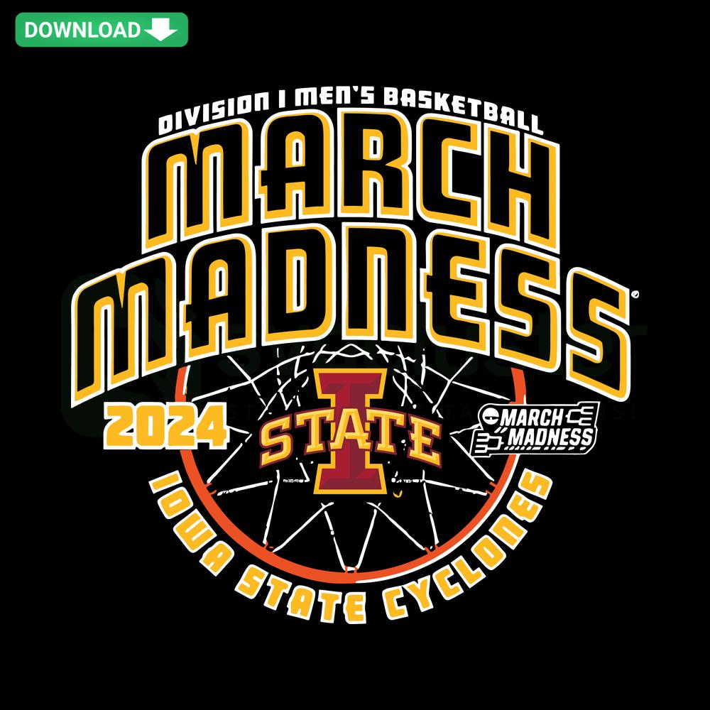 Iowa State Cyclones 2024 March Madness SVG, vibrant team logo and creative elements, ideal for unique sports-themed crafts.