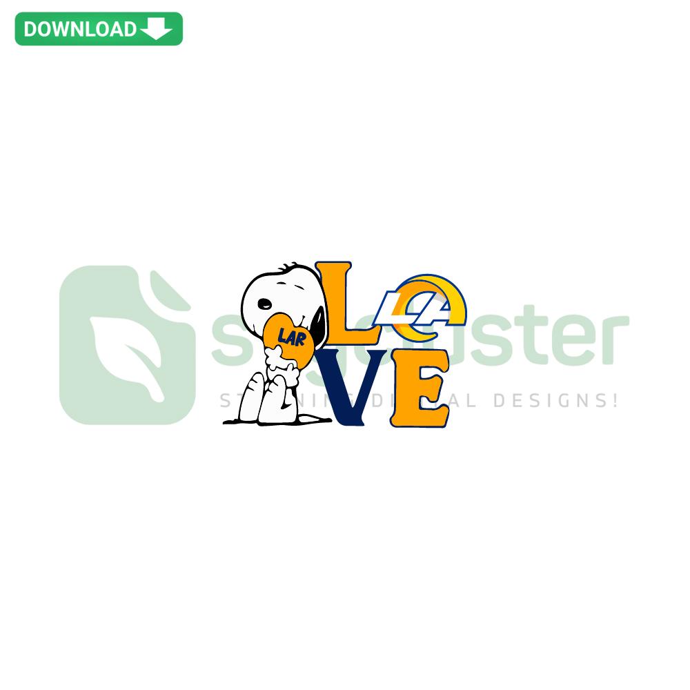 Snoopy wearing Los Angeles Rams gear, hugging a football; Snoopy Love Los Angeles Rams SVG Digital Download, downloadable SVG image.