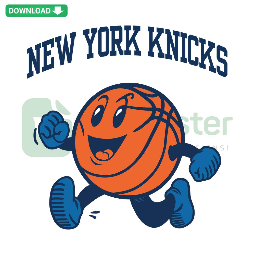 Humorous New York Knicks SVG with cartoon player running; perfect for SVG Cut Files, digital downloads.