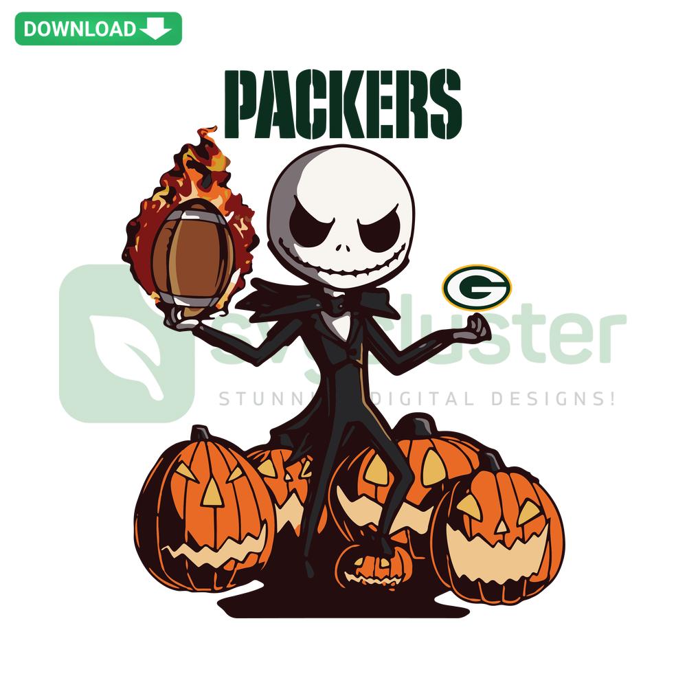 Jack Skellington Halloween SVG featuring Green Bay Packers logo, perfect for spooky designs and crafts. Download vector graphics.