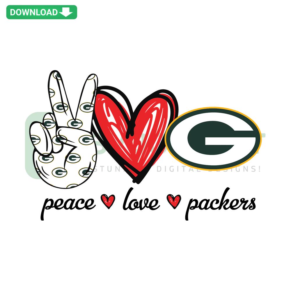 Peace Love Packers SVG: NFL Green Bay football heart design, vibrant colors, instant digital download.