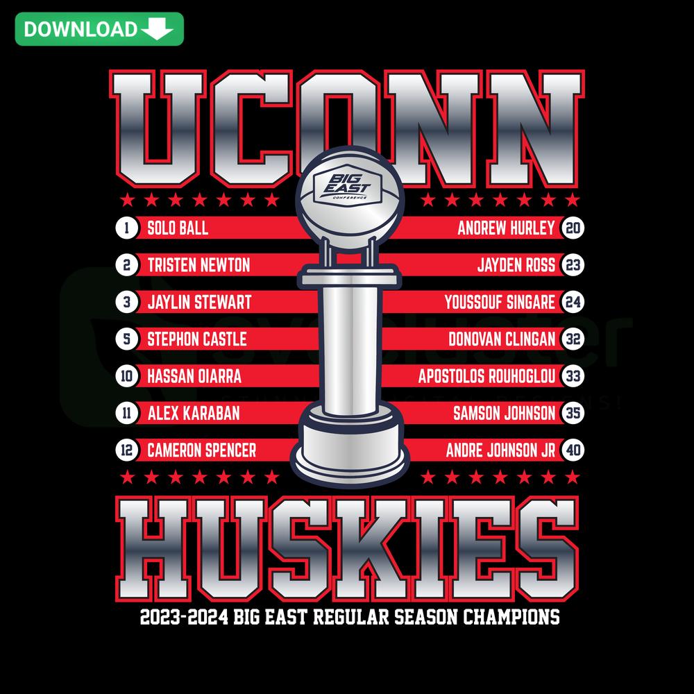 Uconn Huskies Big East Champions SVG, bold text with team colors; ideal for digital downloads and sports-themed designs.