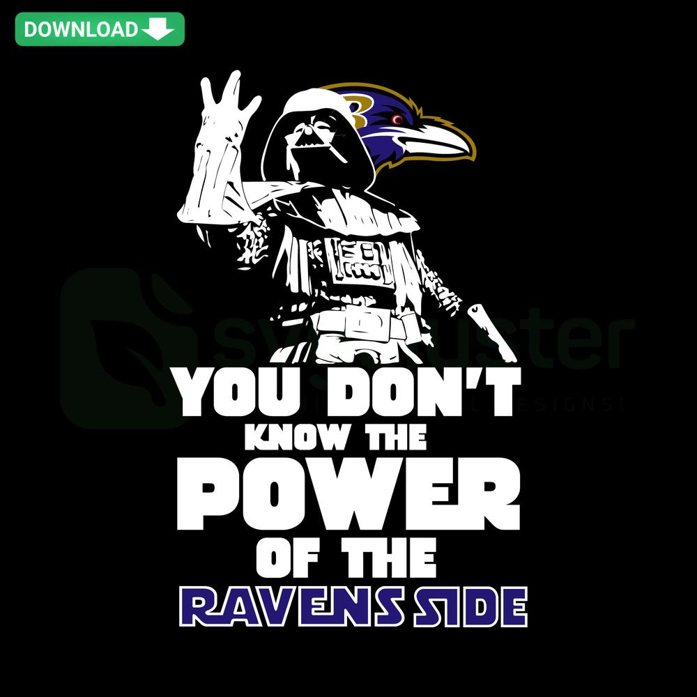 Star Wars themed You Don't Know The Power Of The Ravens Side SVG, Darth Vader silhouette, purple raven, digital design.