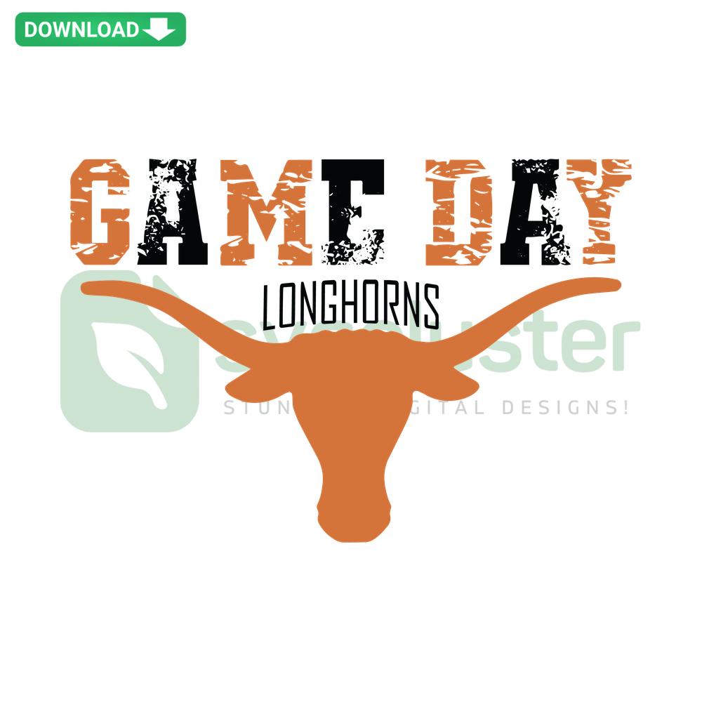Texas Longhorns NCAA SVG design, game day graphics, instant download, digital cut file with team logo and football elements.
