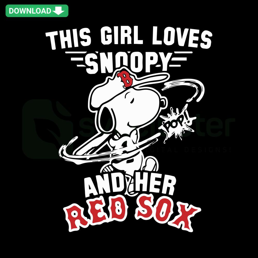 This Girl Loves Snoopy And Her Red Sox SVG with Editable Design featuring Snoopy, Red Sox logo, for Cricut/Silhouette projects.