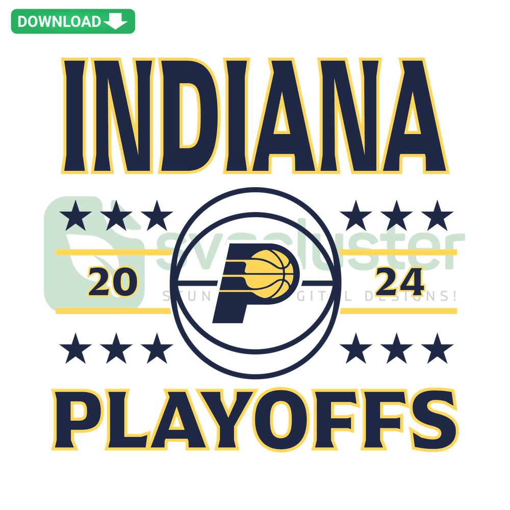 Indiana Pacers 2024 NBA Playoffs SVG Digital Download, featuring custom team logo and typography in vibrant blue and gold design.