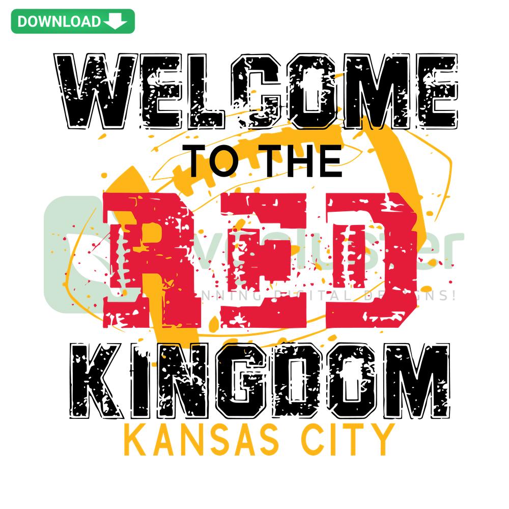 Welcome To The Red Kingdom Kansas City SVG design with bold red text, ideal for Kansas City-themed T-Shirts, digital SVG file.
