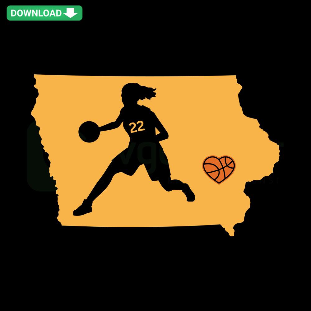 Womens Basketball 22 Heart Iowa Map SVG for Cricut, digital download, Iowa state design with heart and basketball elements.