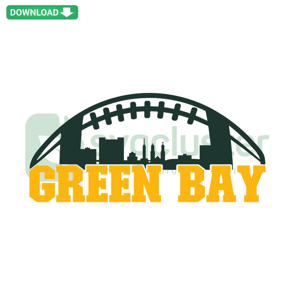 Green Bay Skyline Football SVG, digital download; green field, blue sky, iconic cityscape, instant access vector art.