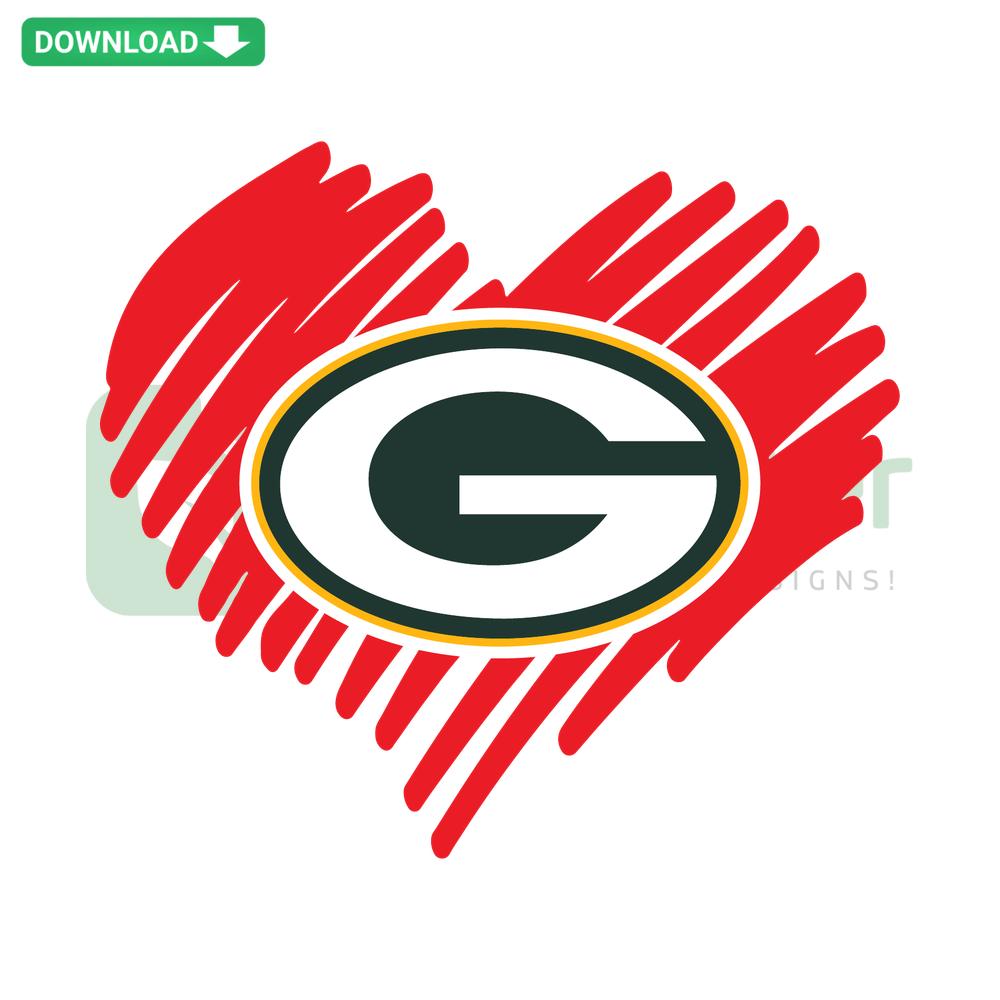 Green Bay Packers Heart SVG, Custom Download, Custom SVG Files - Heart-shaped design with Packers logo, perfect for DIY crafts.