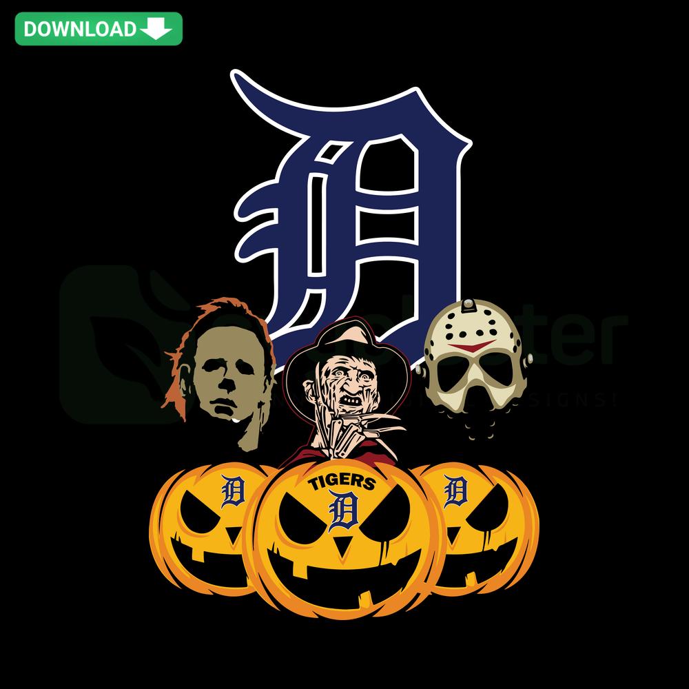Detroit Tigers Halloween Horror SVG: Scary pumpkin face, Tigers logo, design files, instant download, spooky sports-themed art.