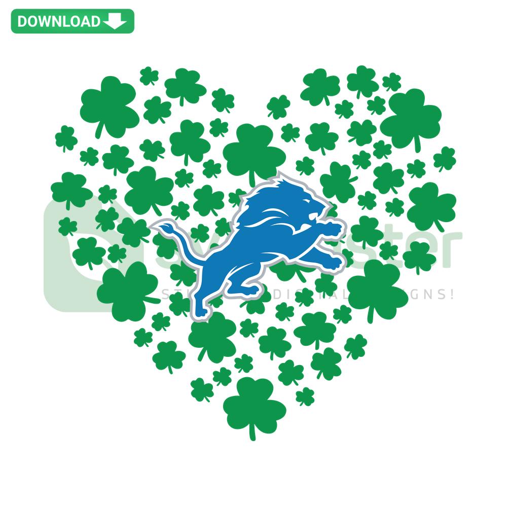 Clover Leaf St Patrick Day Detroit Lions SVG design featuring shamrock with Lions logo, perfect for festive home decor projects.