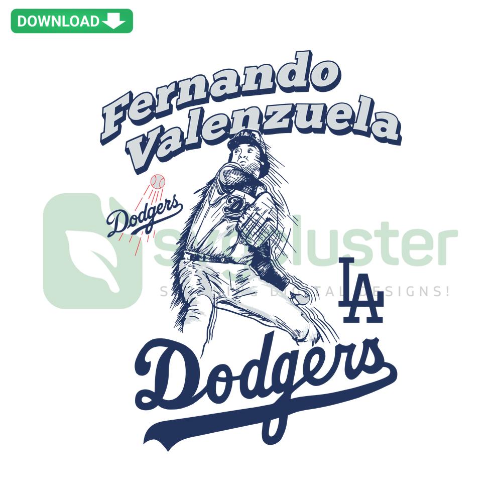 Digital illustration of Fernando Valenzuela in Dodgers uniform, perfect SVG file for commercial use, Los Angeles Dodgers themed design.