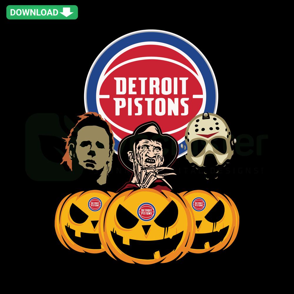 Detroit Pistons-themed pumpkin with Halloween horror movie elements in SVG format, featuring unique spooky basketball design.