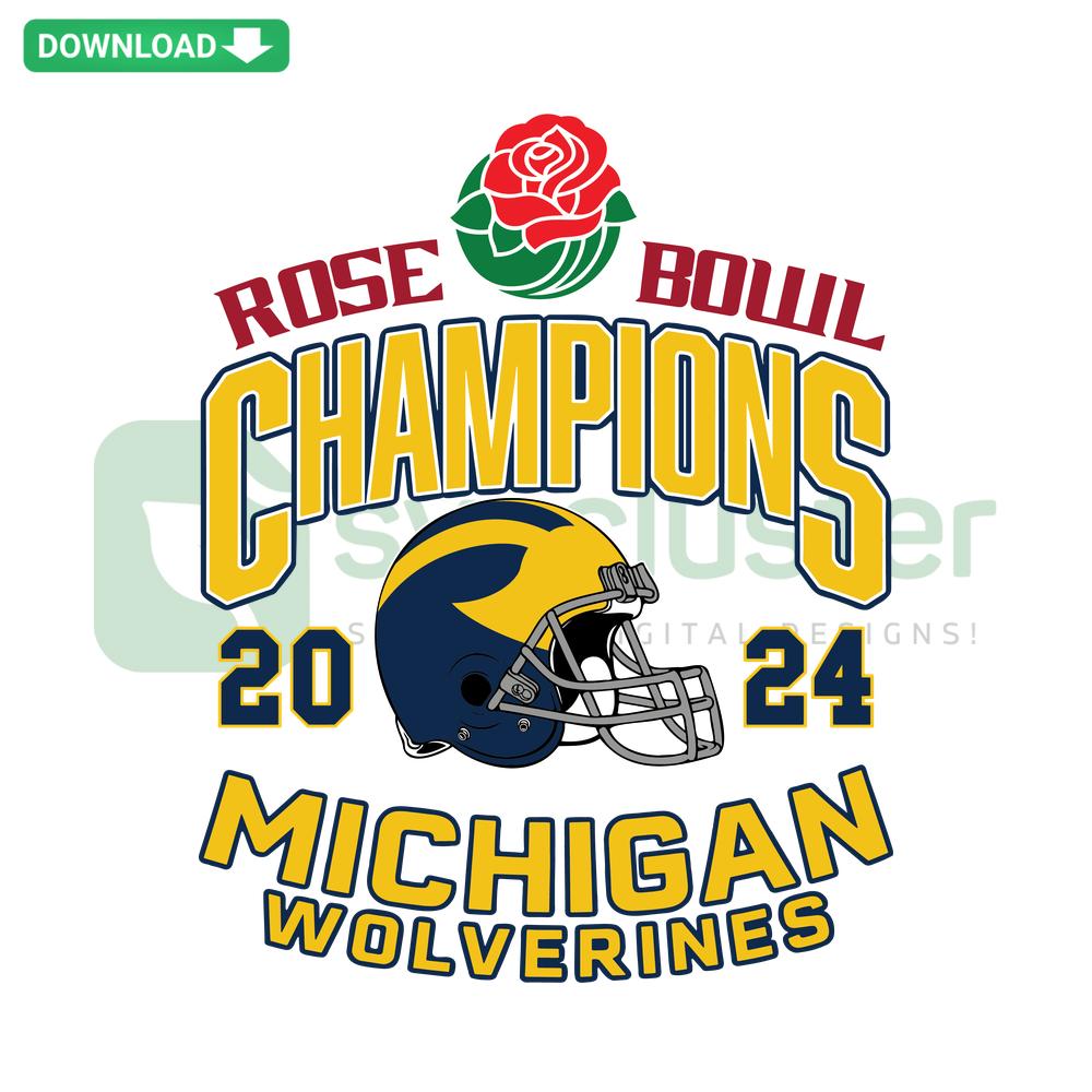 Michigan Wolverines Rose Bowl Champions SVG Clip Art - NCAA Football Team Logo with Rose and Championship Text