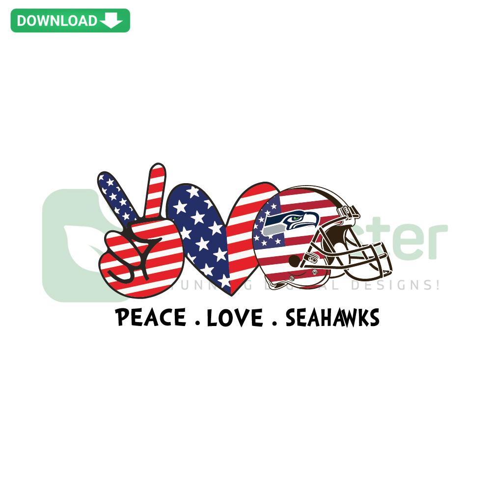 Independence Day Peace Love Seattle Seahawks SVG Design for Wall Art, featuring iconic symbols and team colors.