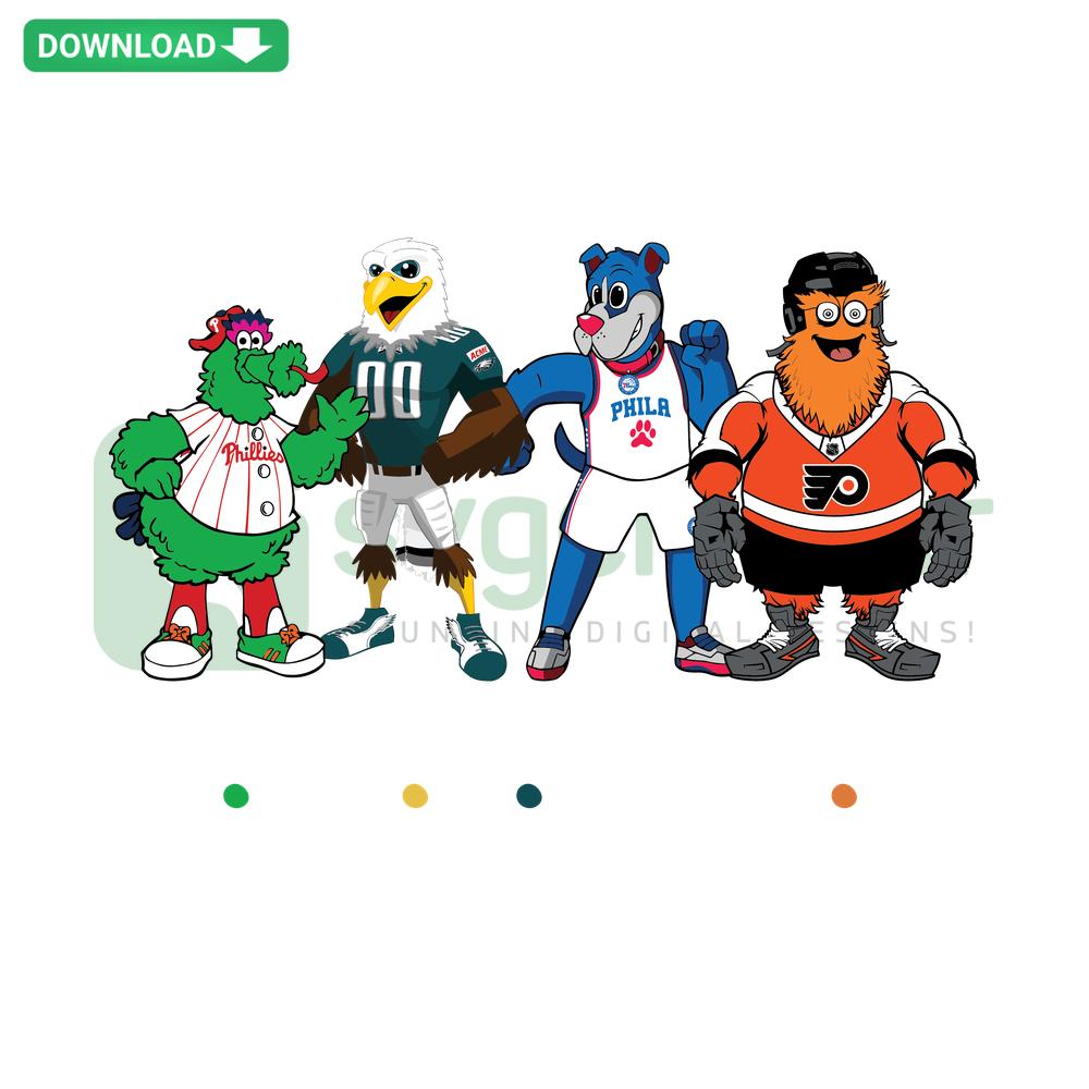 Philly Sports Mascots SVG Download: Colorful mascots vector graphics, printable digital assets, ideal for Philadelphia sports fans.