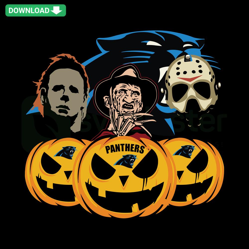 Carolina Panthers-themed pumpkin design with horror movie motifs; perfect Halloween SVG for DIY crafts and printable projects.
