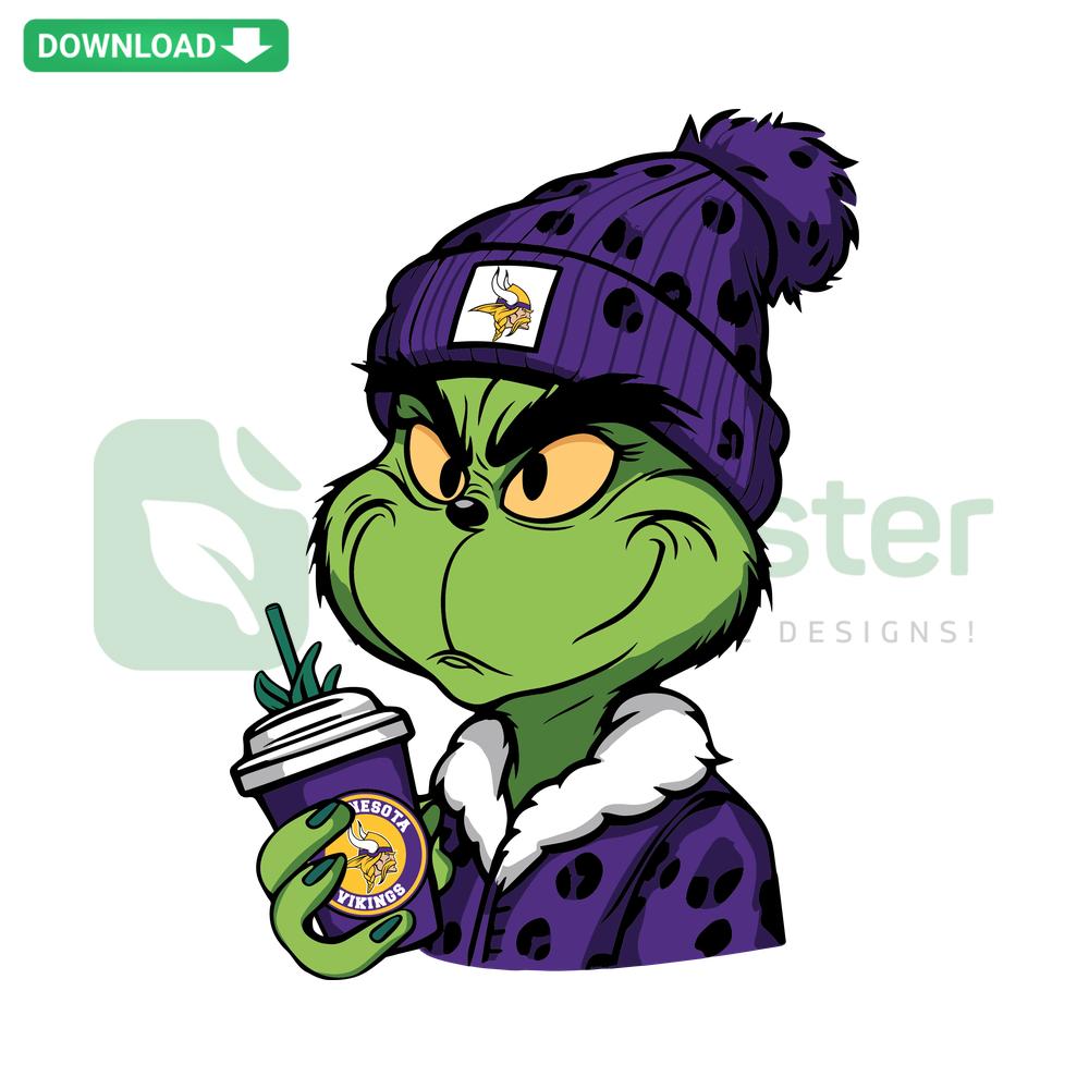 Grinch-themed Minnesota Vikings logo SVG, vibrant clip art digital download, featuring unique holiday sports design.