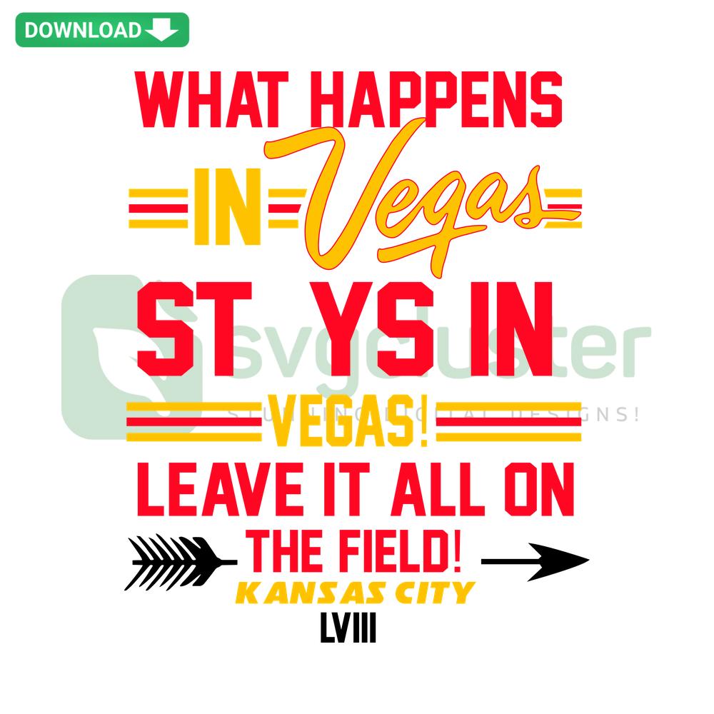 Vegas-themed soccer SVG design with bold text What Happens In Vegas Stays In Vegas Leave It All On The Field by SVGCluster.