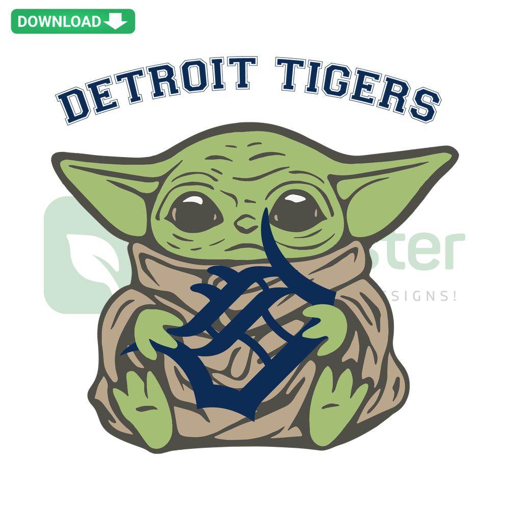 Baby Yoda wearing Detroit Tigers gear, designed in MLB-themed SVG for wall art decor.