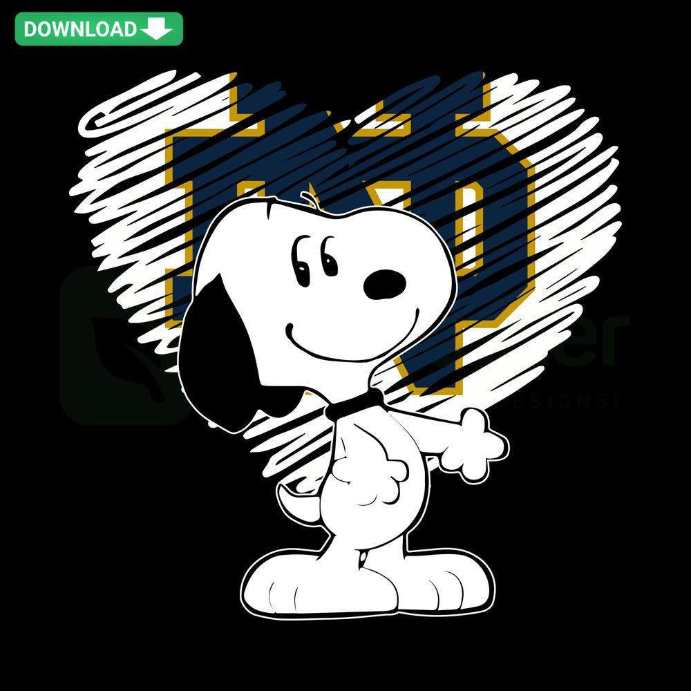 Snoopy Notre Dame Fighting Irish Heart SVG, perfect for designers; cute Snoopy character, Irish emblem, heart design, team spirit.