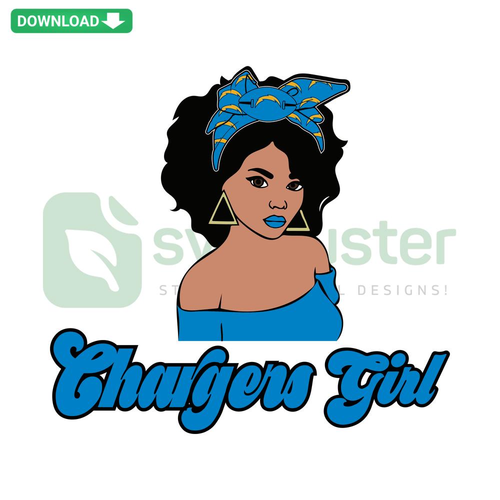 Chargers Girl SVG Design: Cheerful girl with Chargers logo, perfect for printable crafts and digital download projects.