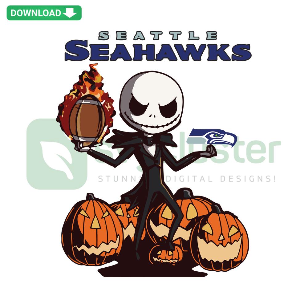 Seattle Seahawks Jack Skellington Halloween SVG design, featuring Jack in Seahawks gear, perfect for Halloween fan crafts. Download now!