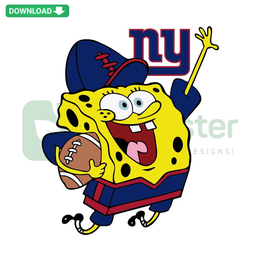Spongebob with New York Giants helmet, holding a football. SVG cut file for sports-themed crafts, digital download.