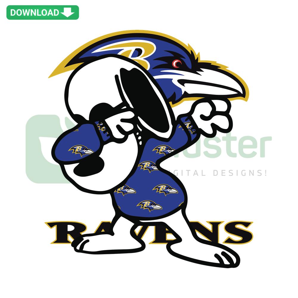Ravens Snoopy SVG: Cartoon Snoopy in Ravens jersey and helmet, Cricut-ready for crafts, downloads & cut files. Perfect for fans!