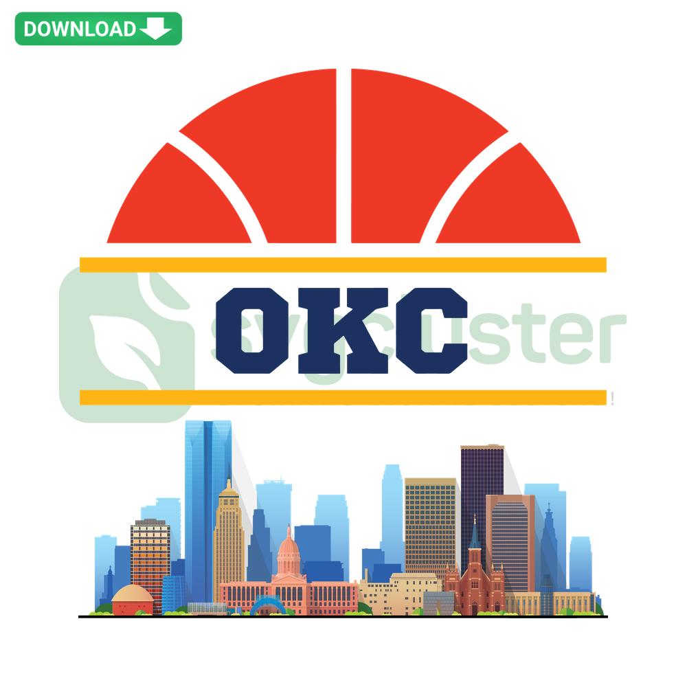 OKC basketball-themed skyline SVG clip art download, featuring cityscape silhouette with basketball elements, digital decor.