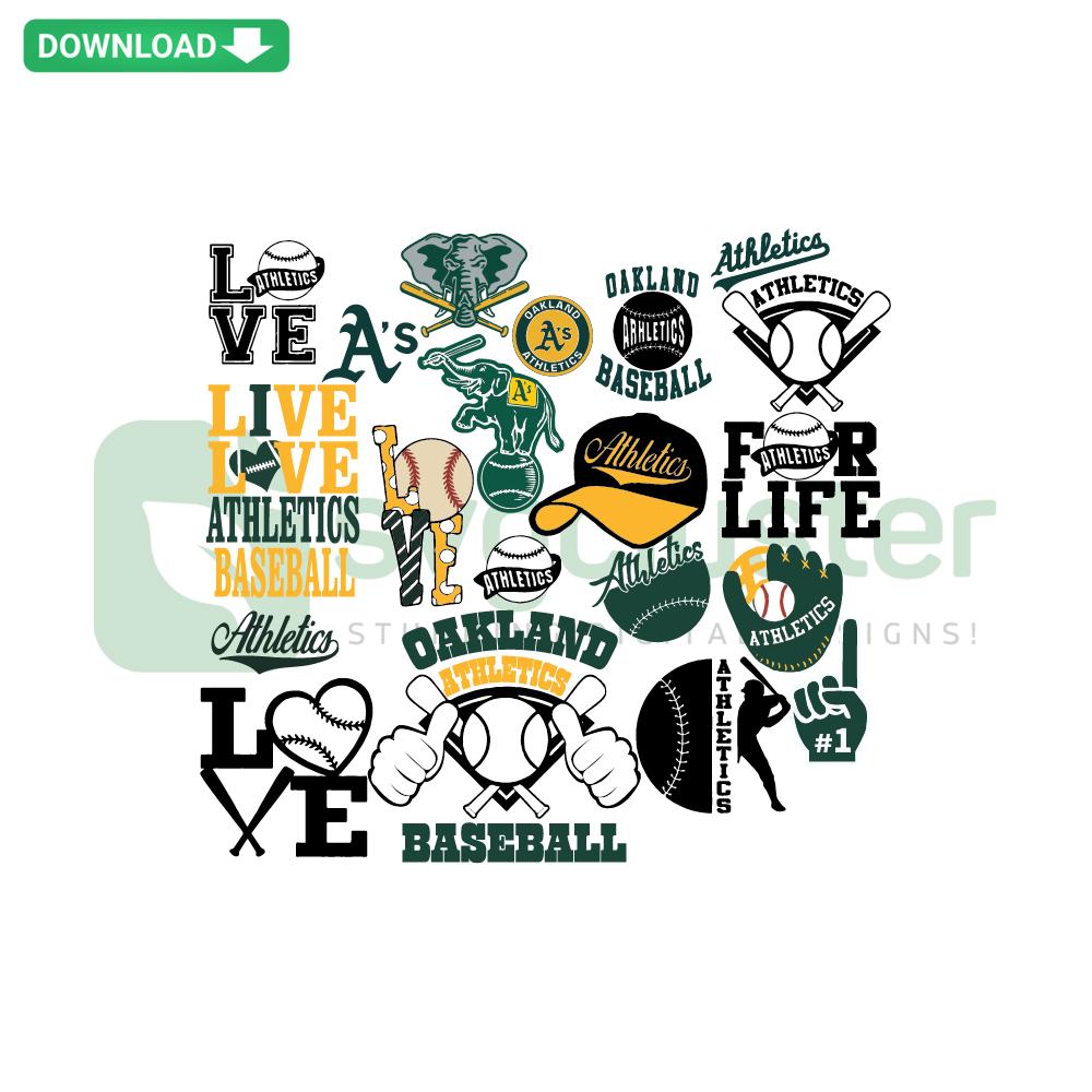 Oakland Athletics Bundle SVG, includes baseball team logo, cards templates, sports graphics for Cricut and Silhouette projects.