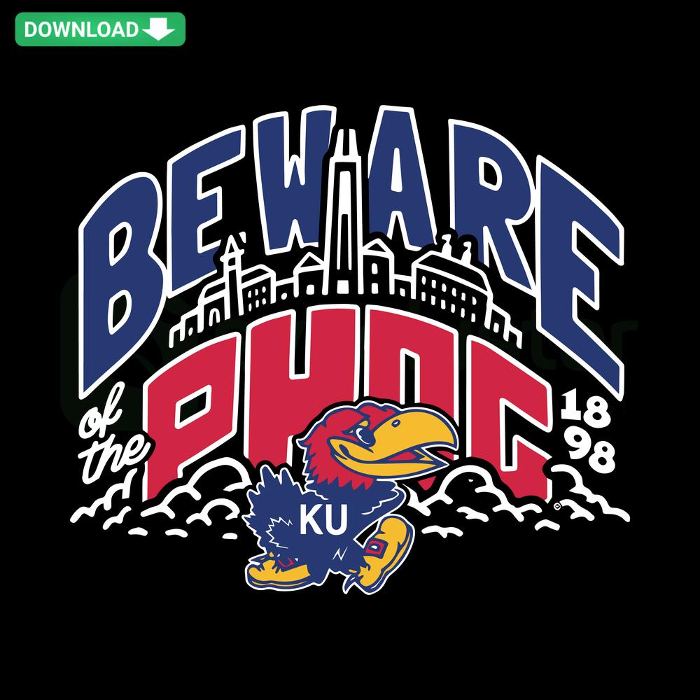 Kansas Jayhawks Beware Of The Phog SVG, NCAA Cricut and Silhouette Files, sports logo design with university colors.