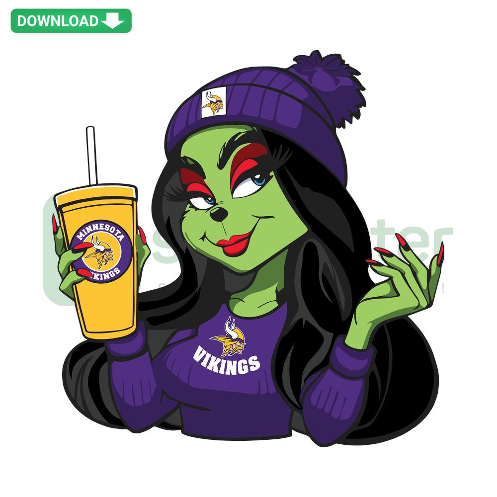Female Grinch wearing Minnesota Vikings gear SVG, perfect for commercial use, sports-themed digital design for crafts and more.