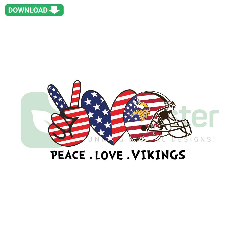 Independence Day Peace Love Minnesota Vikings SVG Download: USA flag heart, peace sign, Vikings helmet graphic design