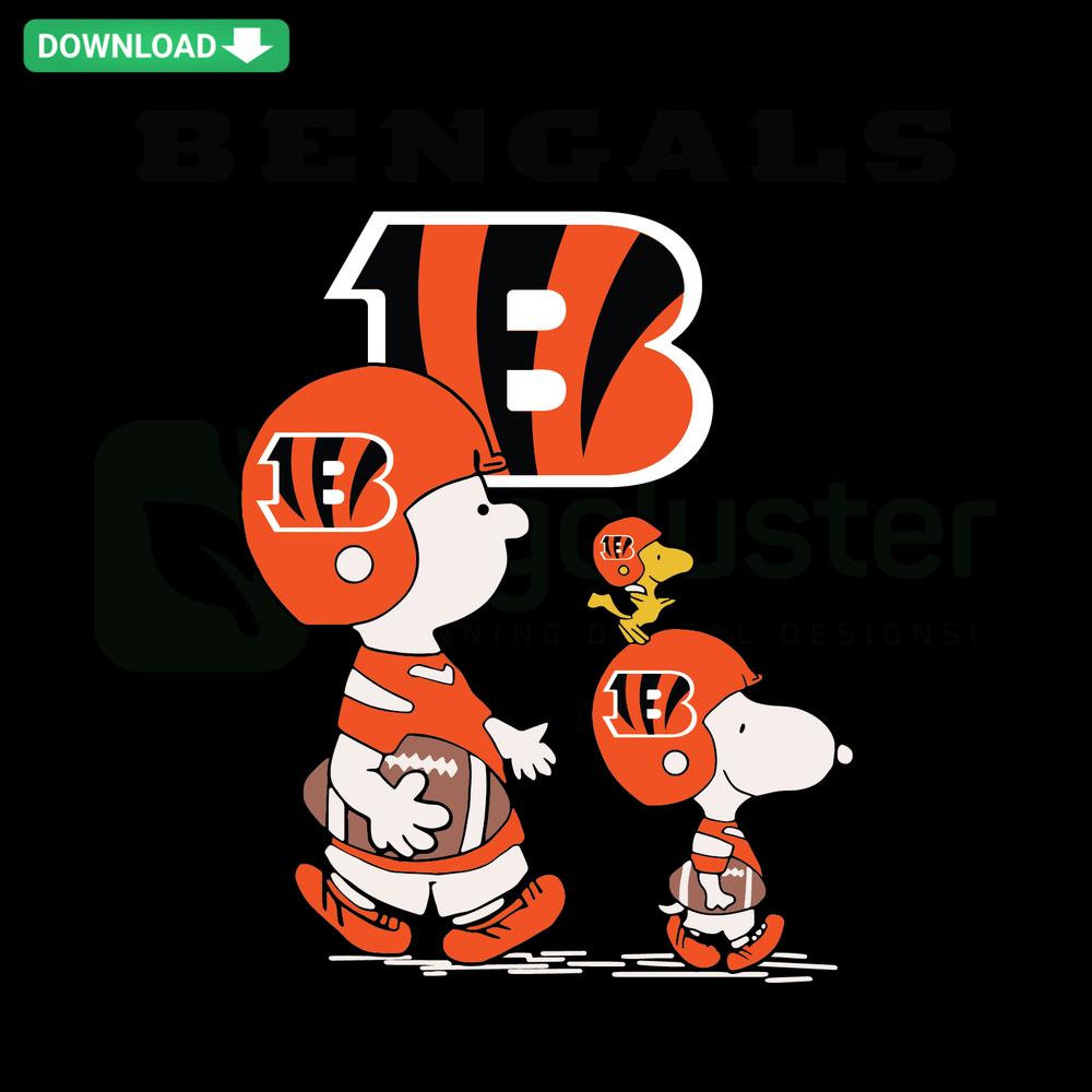 Snoopy Peanuts SVG, Cincinnati Bengals theme, high-quality vector design, cartoon dog with Bengals helmet, sports fan art.