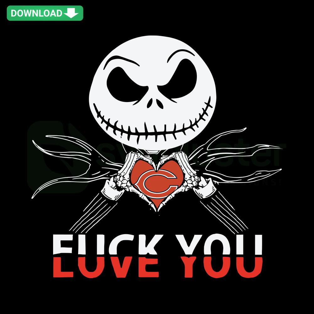 Jack Skellington wearing Chicago Bears attire holding a Love You sign, Halloween-themed SVG from SVGCluster Digital Assets.