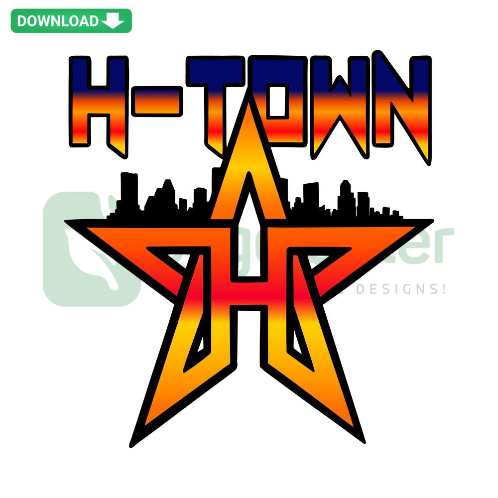 Skyline H Town Baseball Astros MLB Team SVG, featuring Houston cityscape and team logo in vibrant colors, perfect for sports fans.