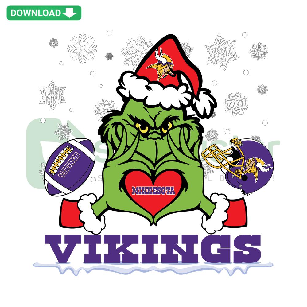 Grinch hugging a Minnesota Vikings football helmet, SVG design file, vibrant SVG collection for NFL fans.